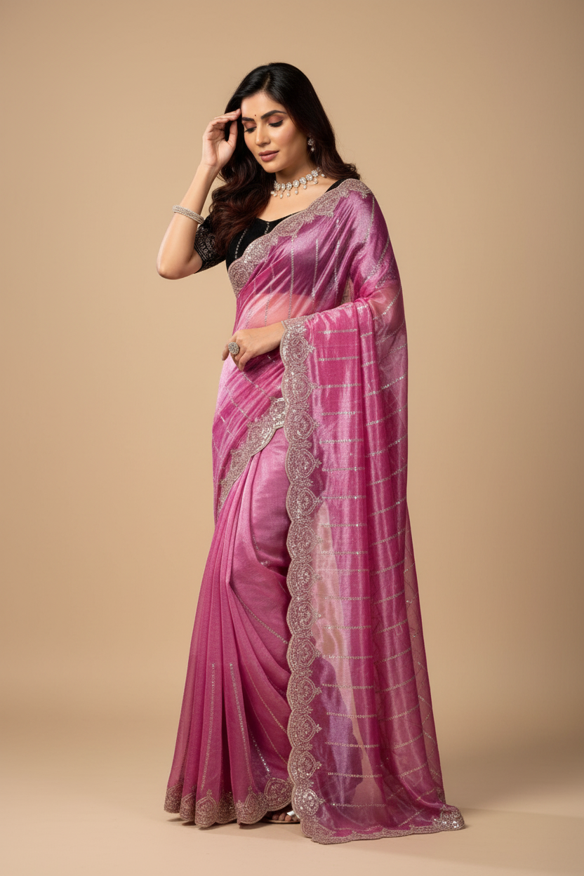 Snuggle Spot Women's Net Sequence Saree With Unstitched Blouse 5.5Mtr (Pink)