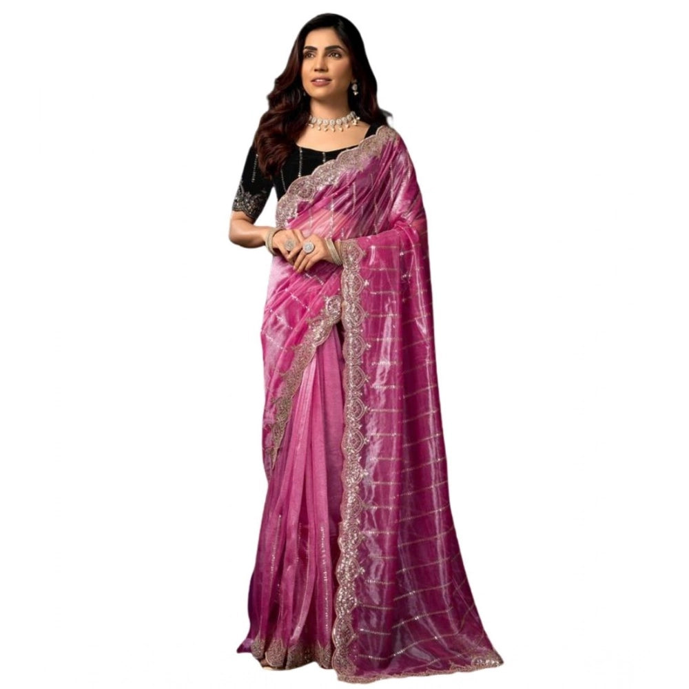 Snuggle Spot Women's Net Sequence Saree With Unstitched Blouse 5.5Mtr (Pink)