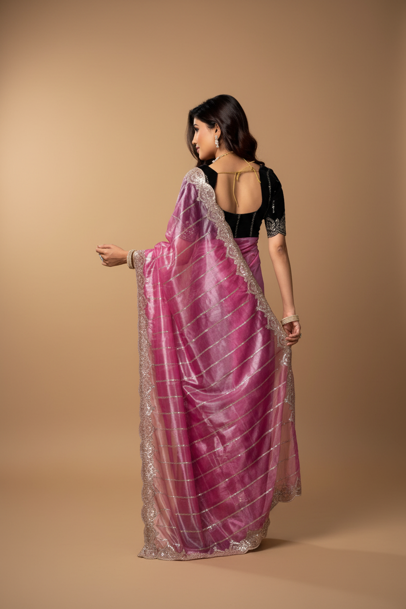 Snuggle Spot Women's Net Sequence Saree With Unstitched Blouse 5.5Mtr (Pink)
