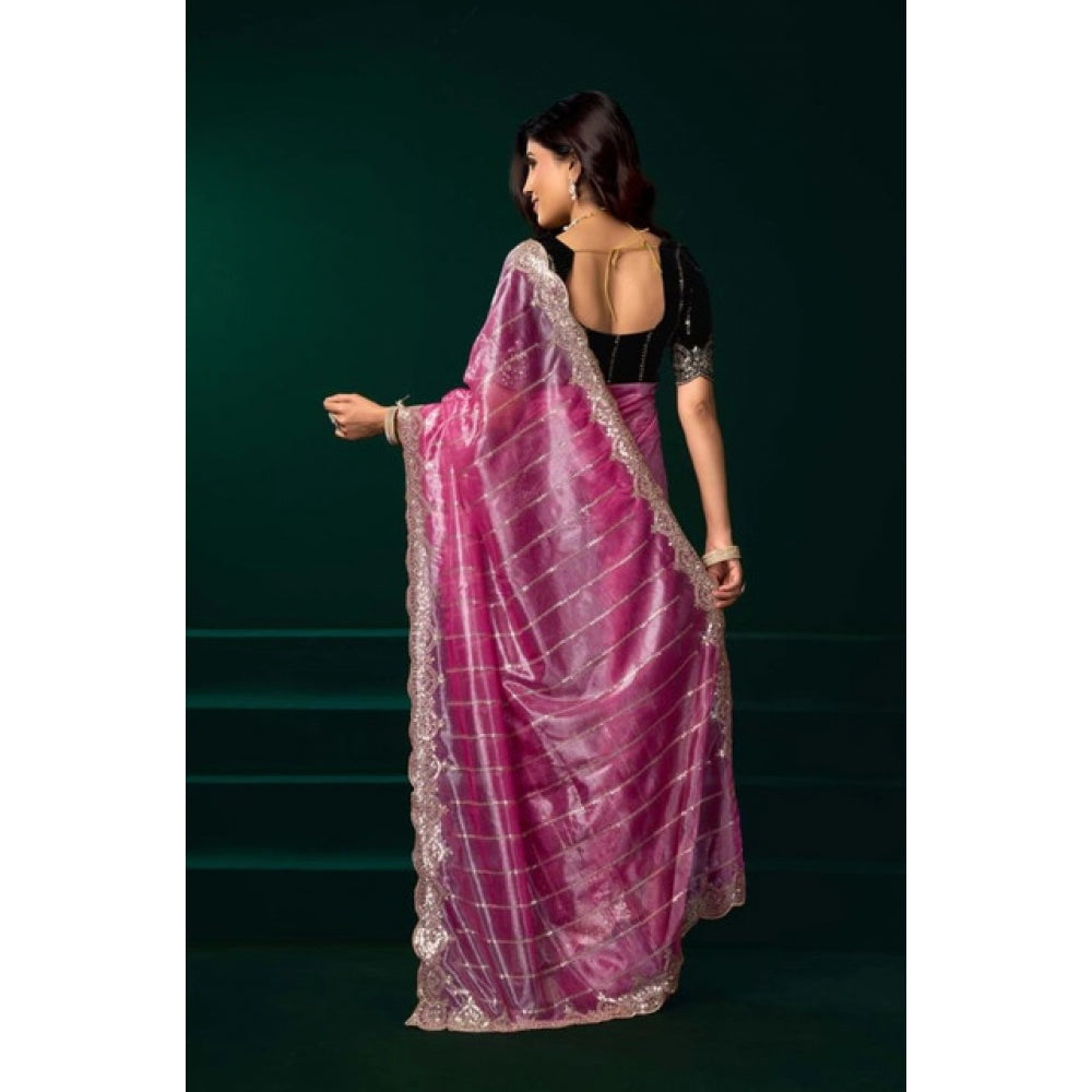 Snuggle Spot Women's Net Sequence Saree With Unstitched Blouse 5.5Mtr (Pink)