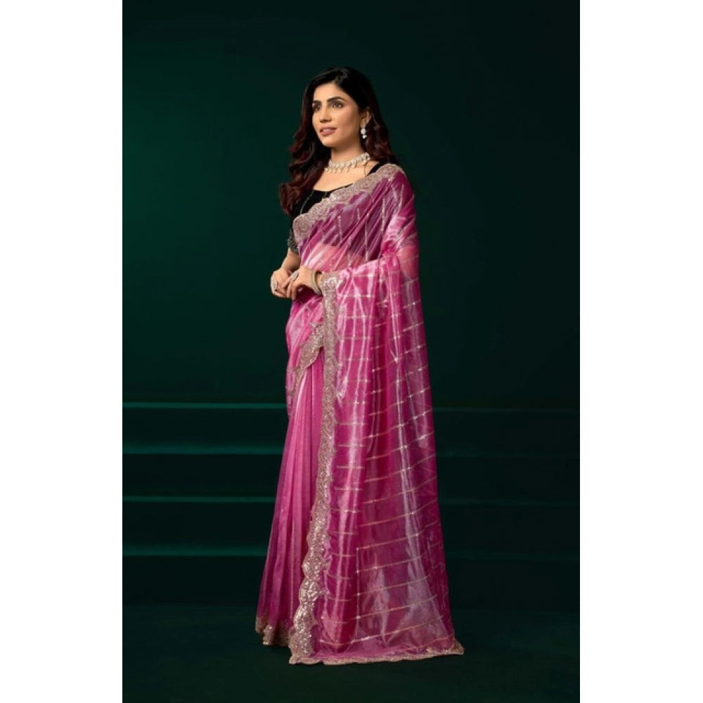 Snuggle Spot Women's Net Sequence Saree With Unstitched Blouse 5.5Mtr (Pink)