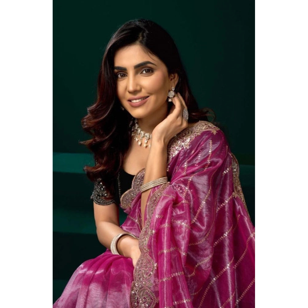 Snuggle Spot Women's Net Sequence Saree With Unstitched Blouse 5.5Mtr (Pink)