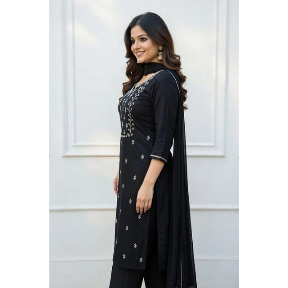 Snuggle Spot Women's Georgette Ethnic Motif Round 3/4th Sleeve Kurti With Pant Dupatta Set (Black)
