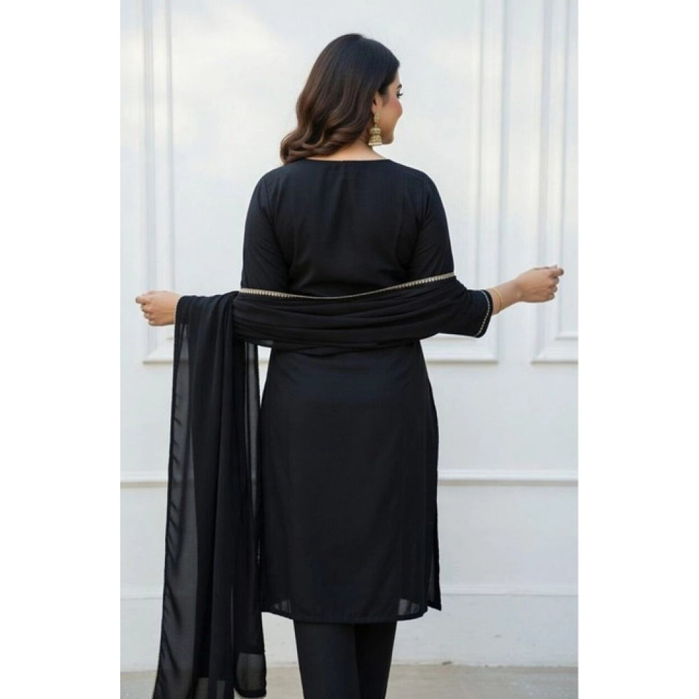 Snuggle Spot Women's Georgette Ethnic Motif Round 3/4th Sleeve Kurti With Pant Dupatta Set (Black)