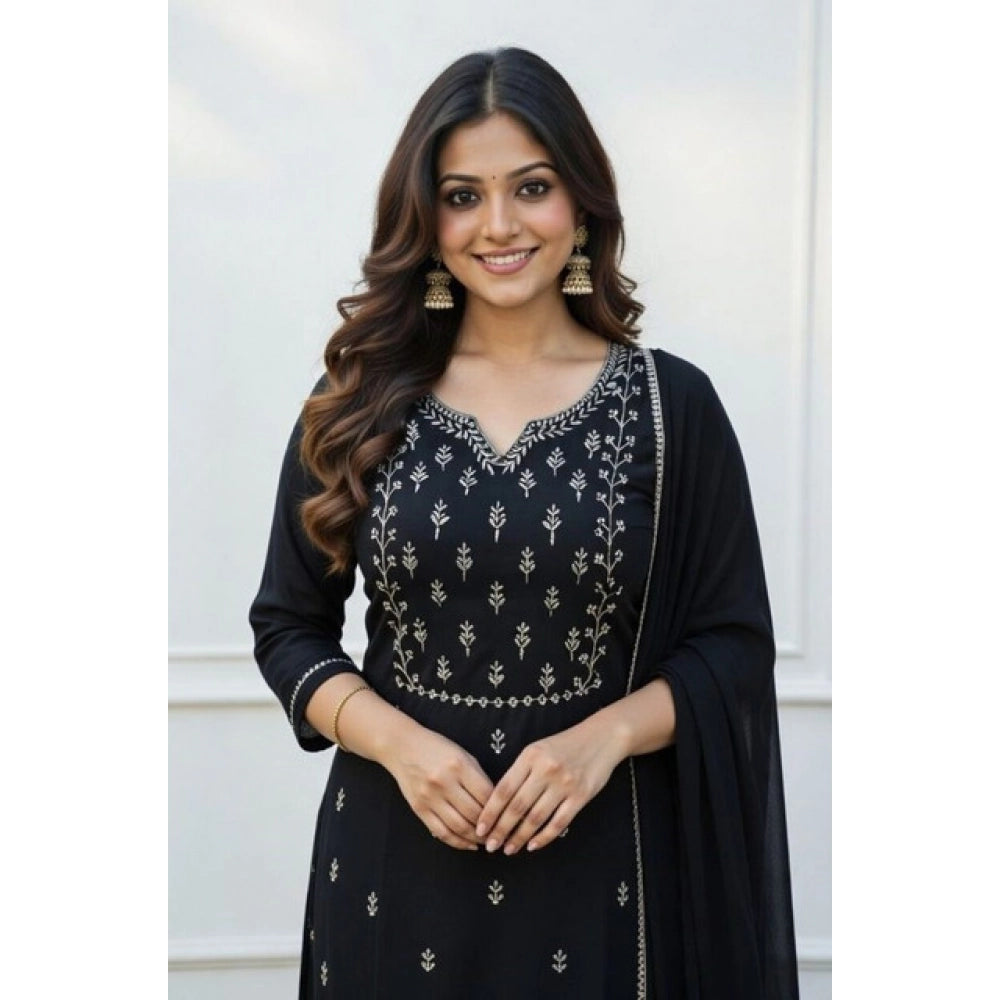 Snuggle Spot Women's Georgette Ethnic Motif Round 3/4th Sleeve Kurti With Pant Dupatta Set (Black)