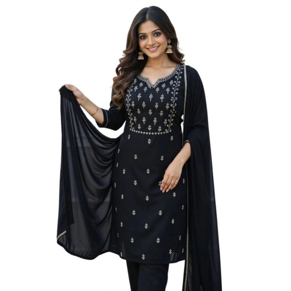 Snuggle Spot Women's Georgette Ethnic Motif Round 3/4th Sleeve Kurti With Pant Dupatta Set (Black)