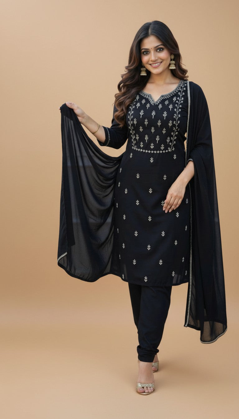 Snuggle Spot Women's Georgette Ethnic Motif Round 3/4th Sleeve Kurti With Pant Dupatta Set (Black)