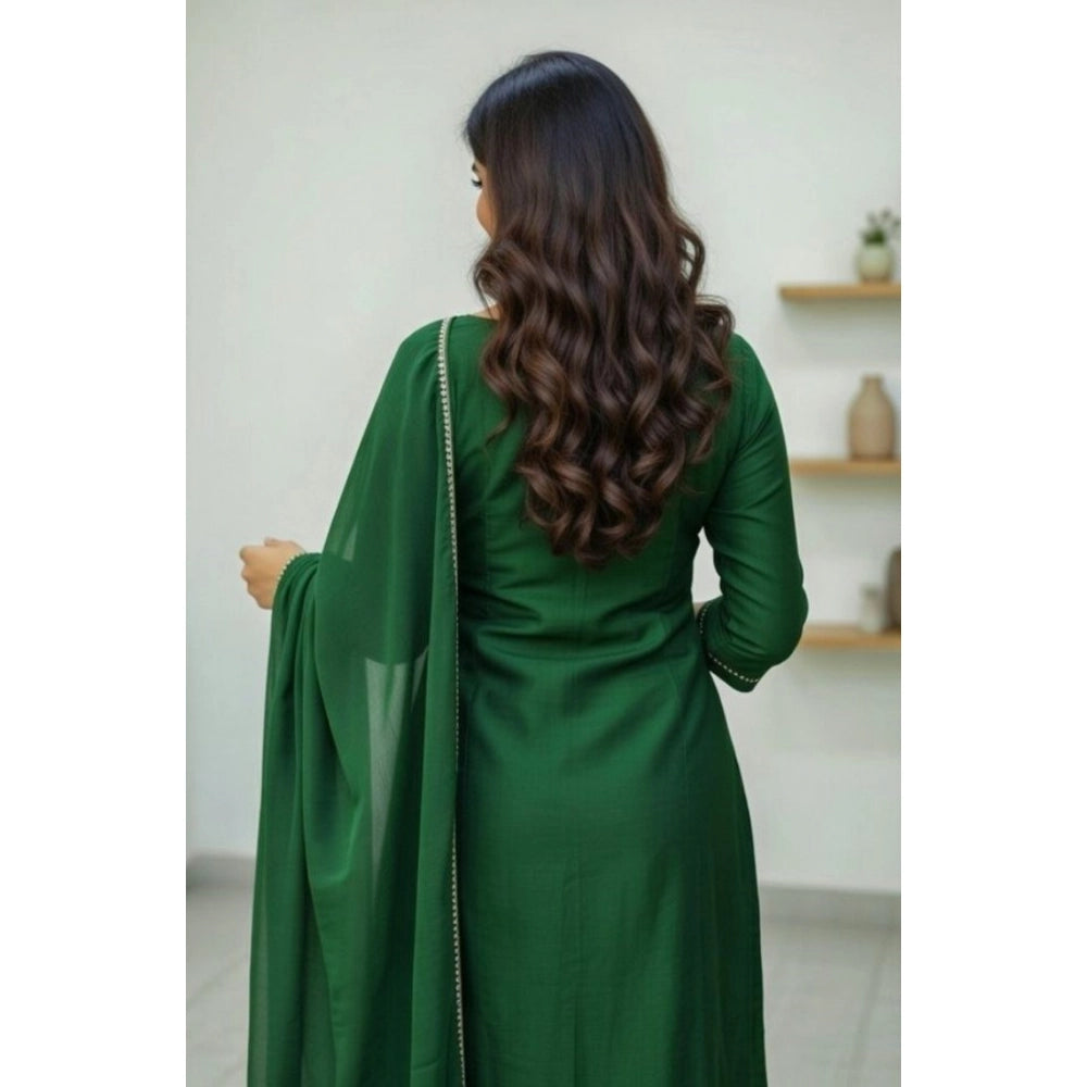 Snuggle Spot Women's Georgette Ethnic Motif Round 3/4th Sleeve Kurti With Pant Dupatta Set (Green)