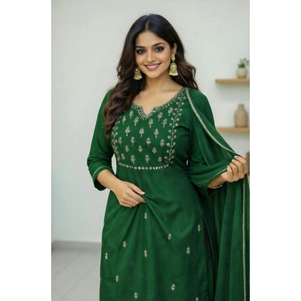 Snuggle Spot Women's Georgette Ethnic Motif Round 3/4th Sleeve Kurti With Pant Dupatta Set (Green)