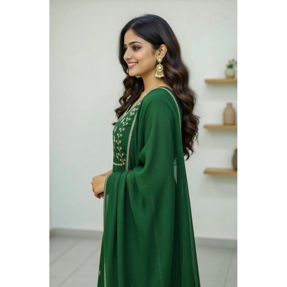 Snuggle Spot Women's Georgette Ethnic Motif Round 3/4th Sleeve Kurti With Pant Dupatta Set (Green)