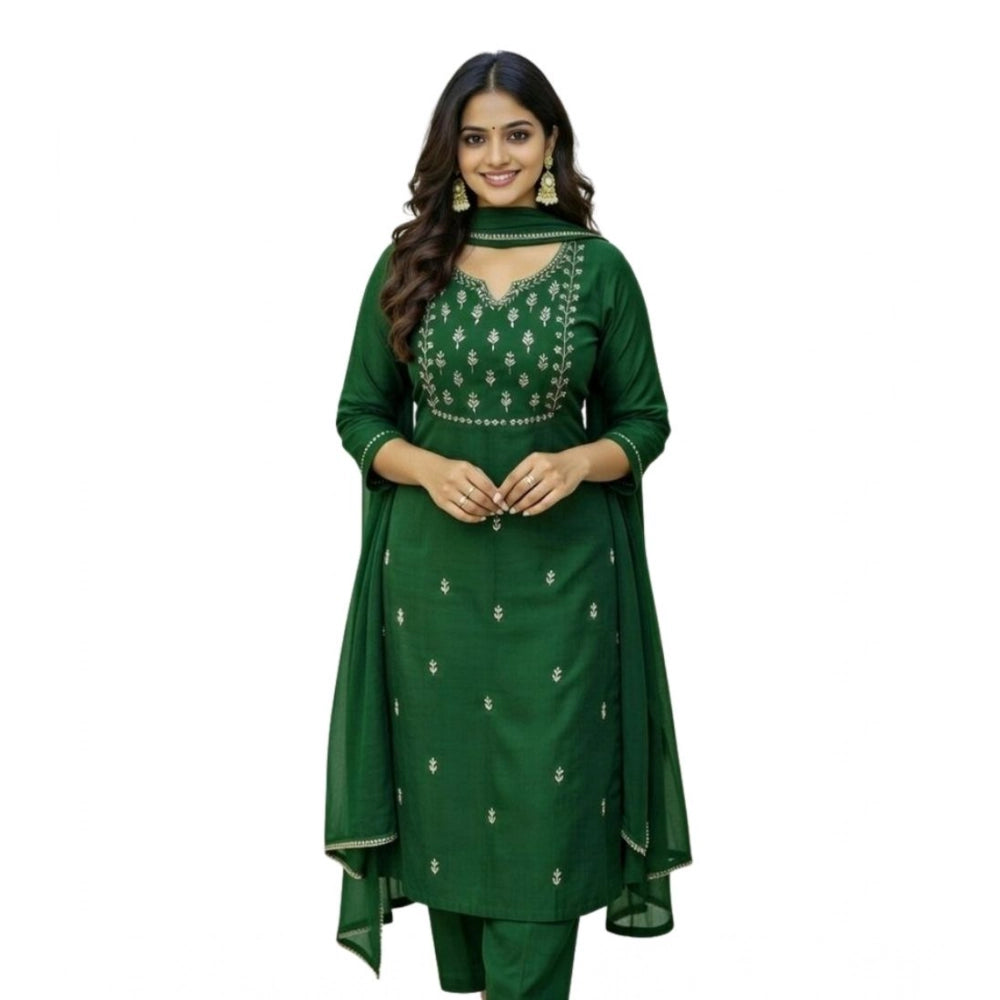 Snuggle Spot Women's Georgette Ethnic Motif Round 3/4th Sleeve Kurti With Pant Dupatta Set (Green)