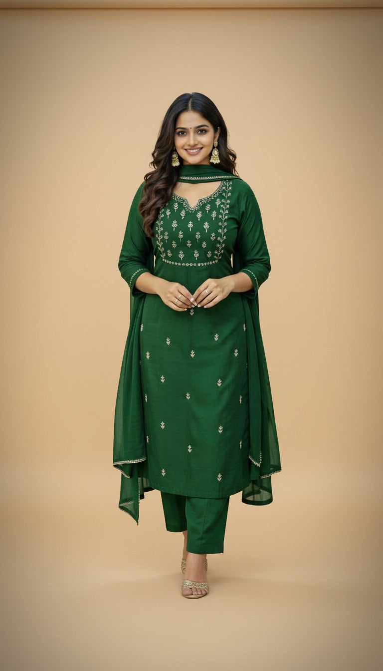 Snuggle Spot Women's Georgette Ethnic Motif Round 3/4th Sleeve Kurti With Pant Dupatta Set (Green)