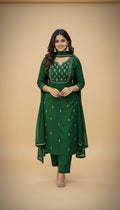 Snuggle Spot Women's Georgette Ethnic Motif Round 3/4th Sleeve Kurti With Pant Dupatta Set (Green)