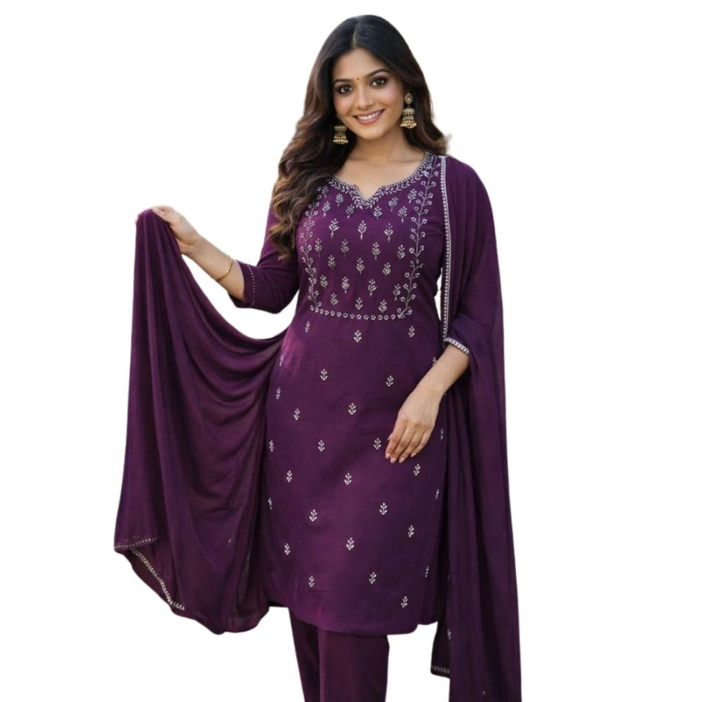 Snuggle Spot Women's Georgette Ethnic Motif Round 3/4th Sleeve Kurti With Pant Dupatta Set (Magenta)