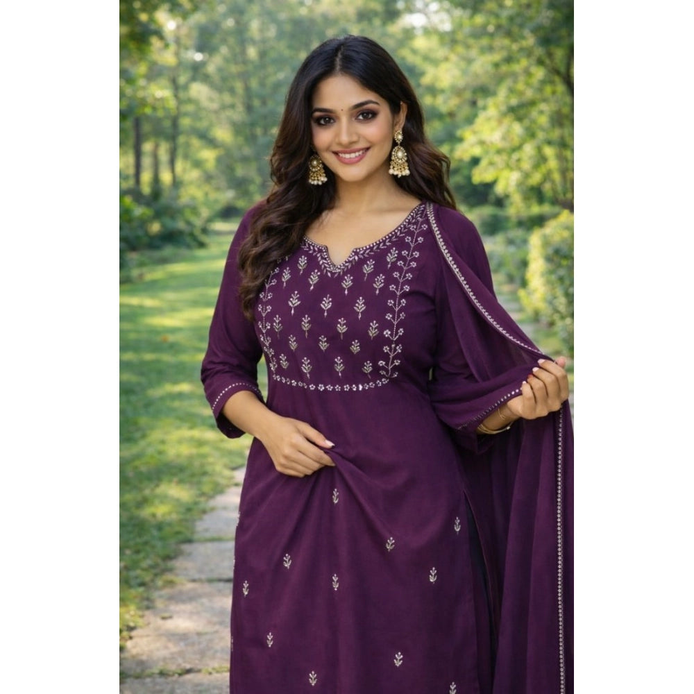 Snuggle Spot Women's Georgette Ethnic Motif Round 3/4th Sleeve Kurti With Pant Dupatta Set (Magenta)