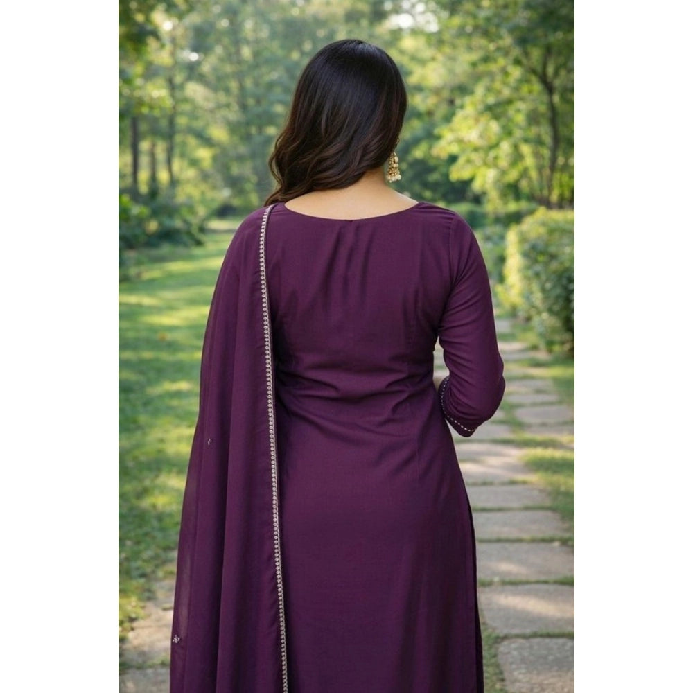 Snuggle Spot Women's Georgette Ethnic Motif Round 3/4th Sleeve Kurti With Pant Dupatta Set (Magenta)