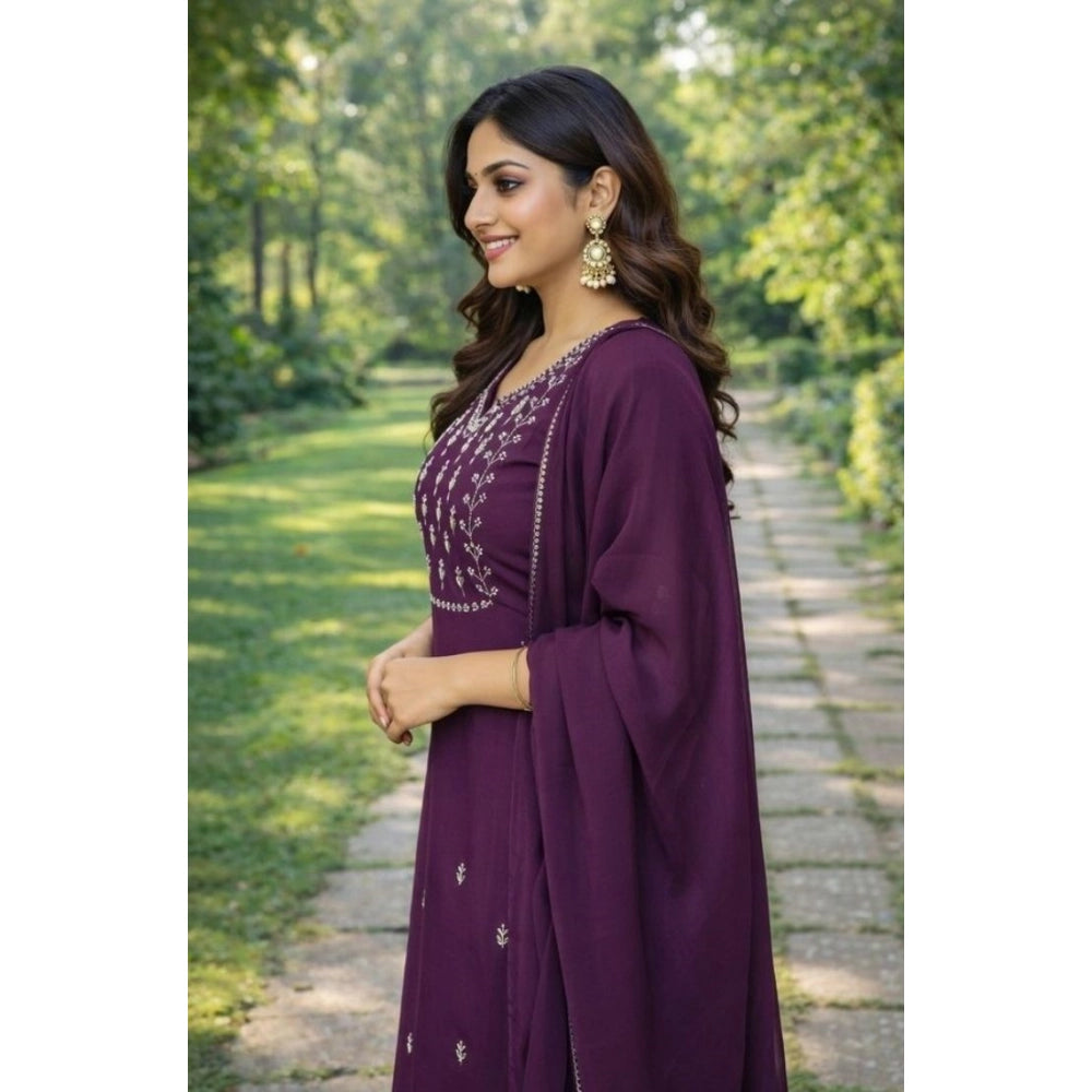 Snuggle Spot Women's Georgette Ethnic Motif Round 3/4th Sleeve Kurti With Pant Dupatta Set (Magenta)