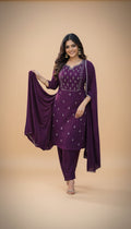 Snuggle Spot Women's Georgette Ethnic Motif Round 3/4th Sleeve Kurti With Pant Dupatta Set (Magenta)