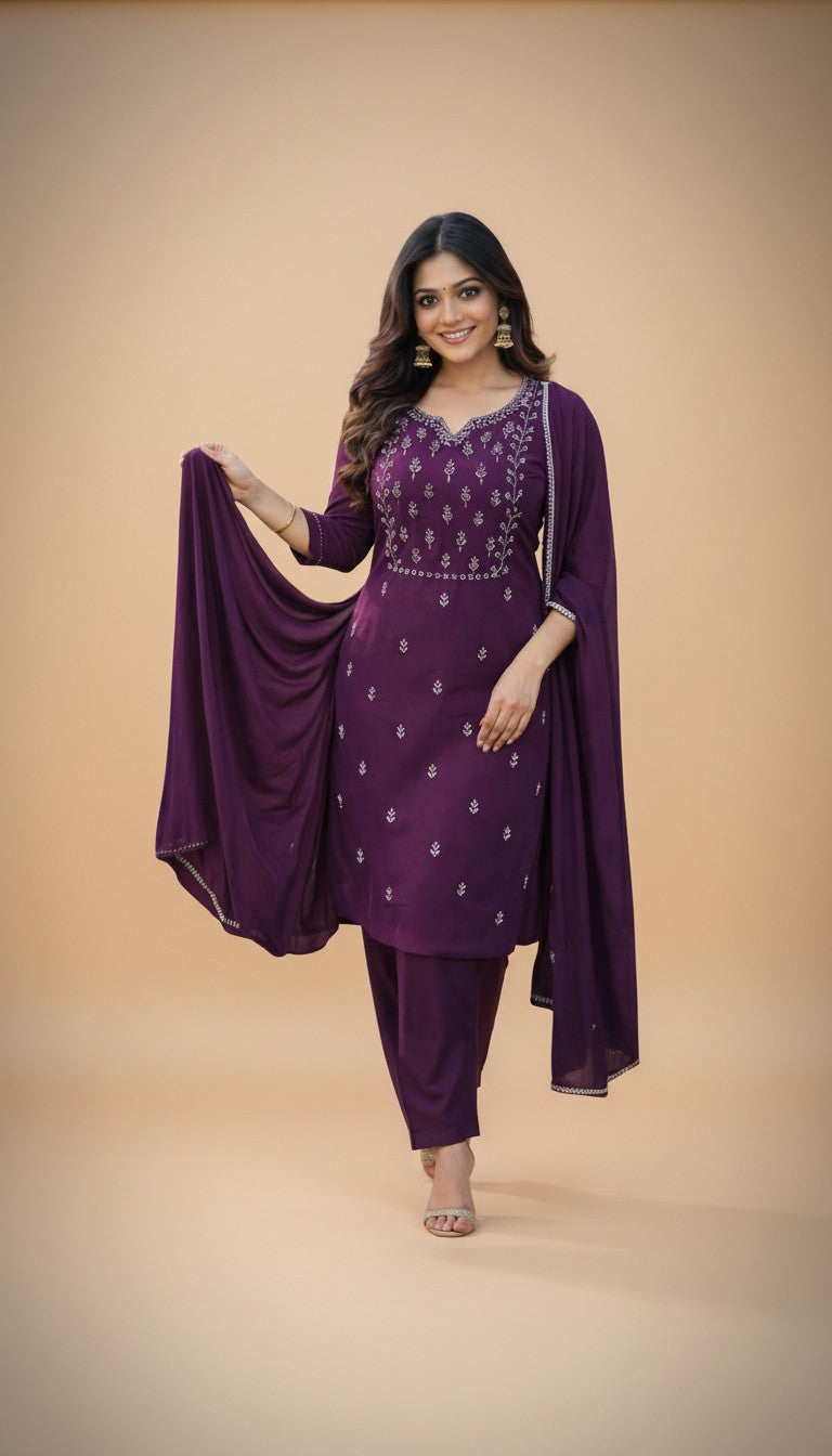 Snuggle Spot Women's Georgette Ethnic Motif Round 3/4th Sleeve Kurti With Pant Dupatta Set (Magenta)