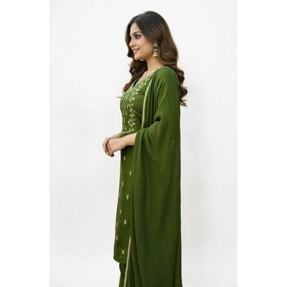 Snuggle Spot Women's Georgette Ethnic Motif Round 3/4th Sleeve Kurti With Pant Dupatta Set (Mahendi)
