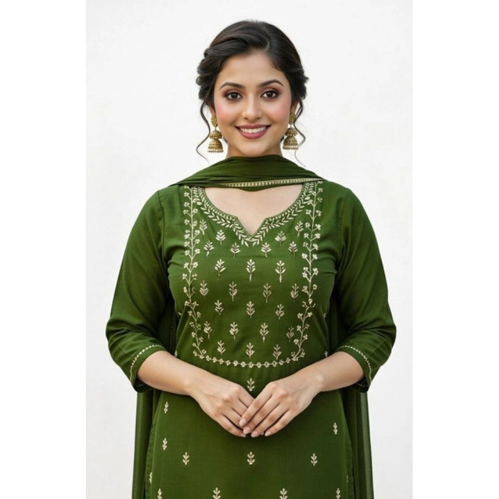 Snuggle Spot Women's Georgette Ethnic Motif Round 3/4th Sleeve Kurti With Pant Dupatta Set (Mahendi)