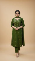 Snuggle Spot Women's Georgette Ethnic Motif Round 3/4th Sleeve Kurti With Pant Dupatta Set (Mahendi)