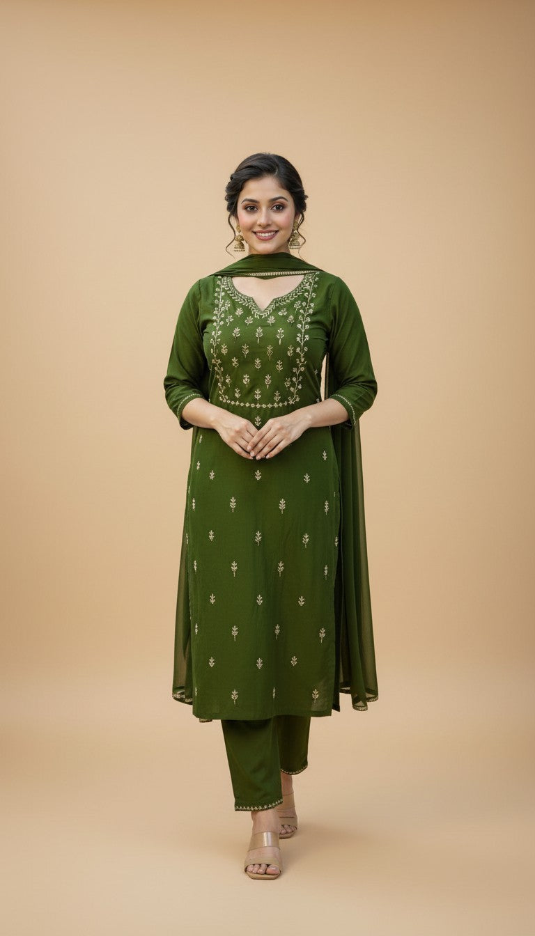 Snuggle Spot Women's Georgette Ethnic Motif Round 3/4th Sleeve Kurti With Pant Dupatta Set (Mahendi)