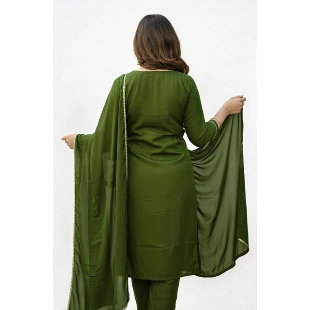 Snuggle Spot Women's Georgette Ethnic Motif Round 3/4th Sleeve Kurti With Pant Dupatta Set (Mahendi)