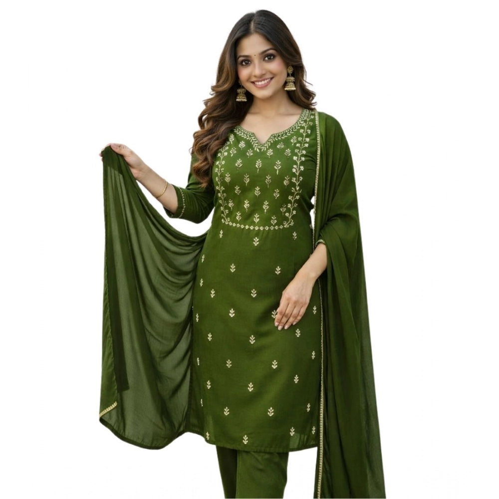 Snuggle Spot Women's Georgette Ethnic Motif Round 3/4th Sleeve Kurti With Pant Dupatta Set (Mahendi)