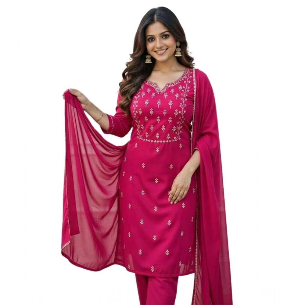 Snuggle Spot Women's Georgette Ethnic Motif Round 3/4th Sleeve Kurti With Pant Dupatta Set (Pink)