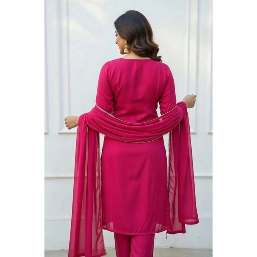 Snuggle Spot Women's Georgette Ethnic Motif Round 3/4th Sleeve Kurti With Pant Dupatta Set (Pink)