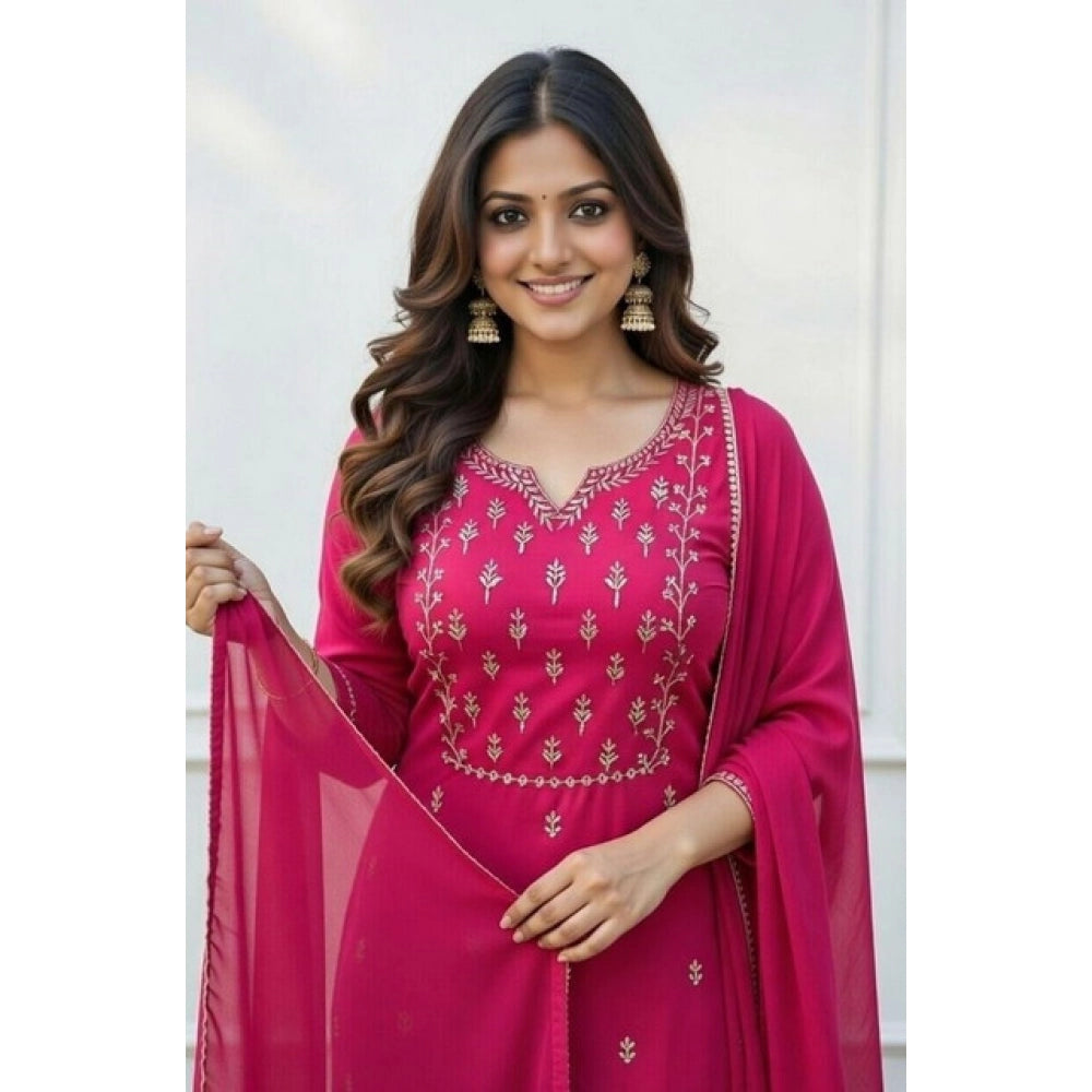 Snuggle Spot Women's Georgette Ethnic Motif Round 3/4th Sleeve Kurti With Pant Dupatta Set (Pink)