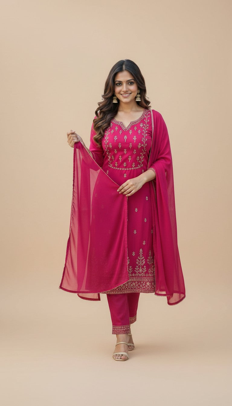 Snuggle Spot Women's Georgette Ethnic Motif Round 3/4th Sleeve Kurti With Pant Dupatta Set (Pink)