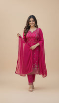 Snuggle Spot Women's Georgette Ethnic Motif Round 3/4th Sleeve Kurti With Pant Dupatta Set (Pink)
