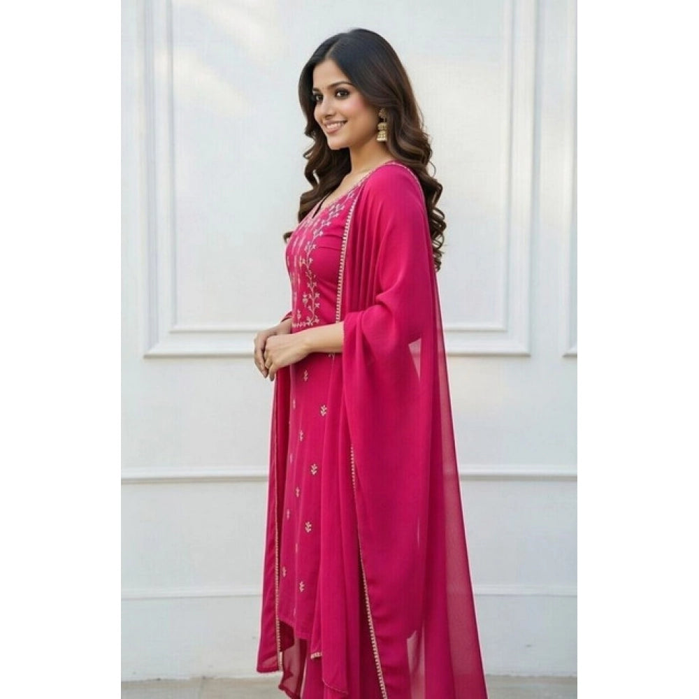 Snuggle Spot Women's Georgette Ethnic Motif Round 3/4th Sleeve Kurti With Pant Dupatta Set (Pink)