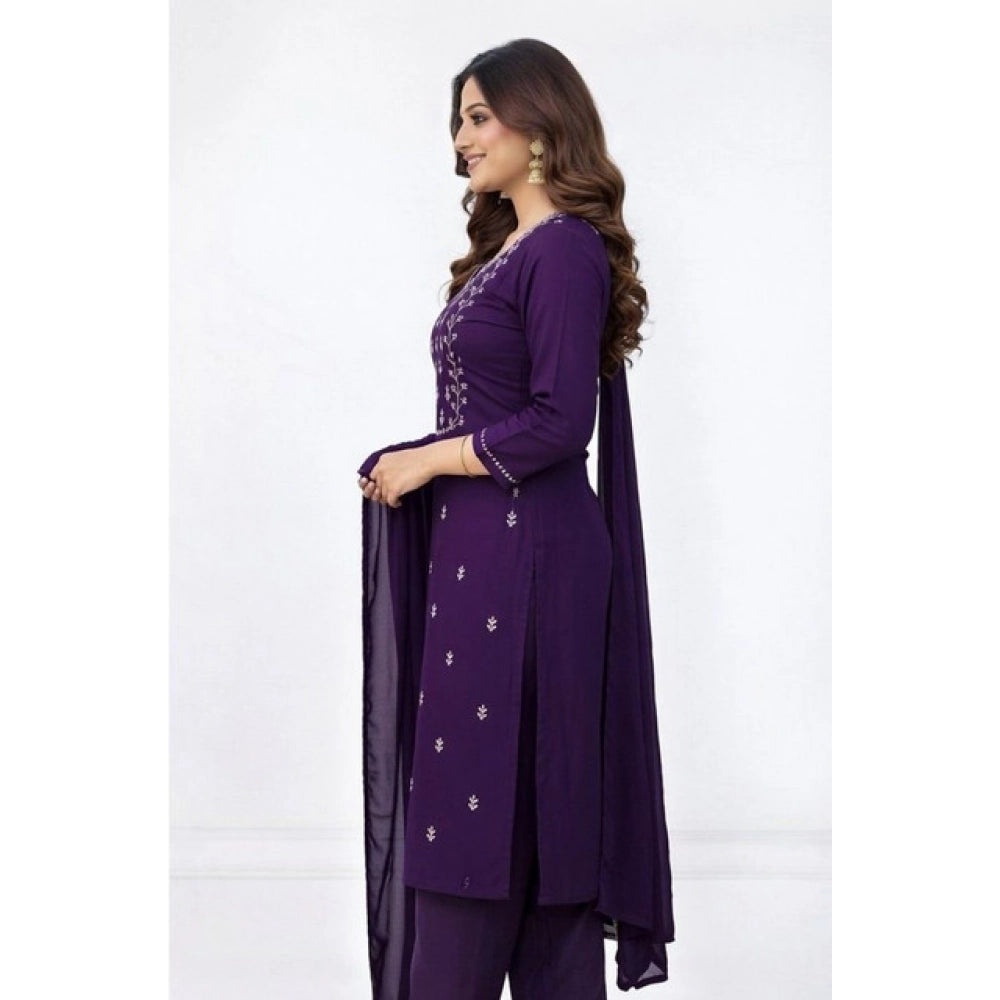 Snuggle Spot Women's Georgette Ethnic Motif Round 3/4th Sleeve Kurti With Pant Dupatta Set (Purple)