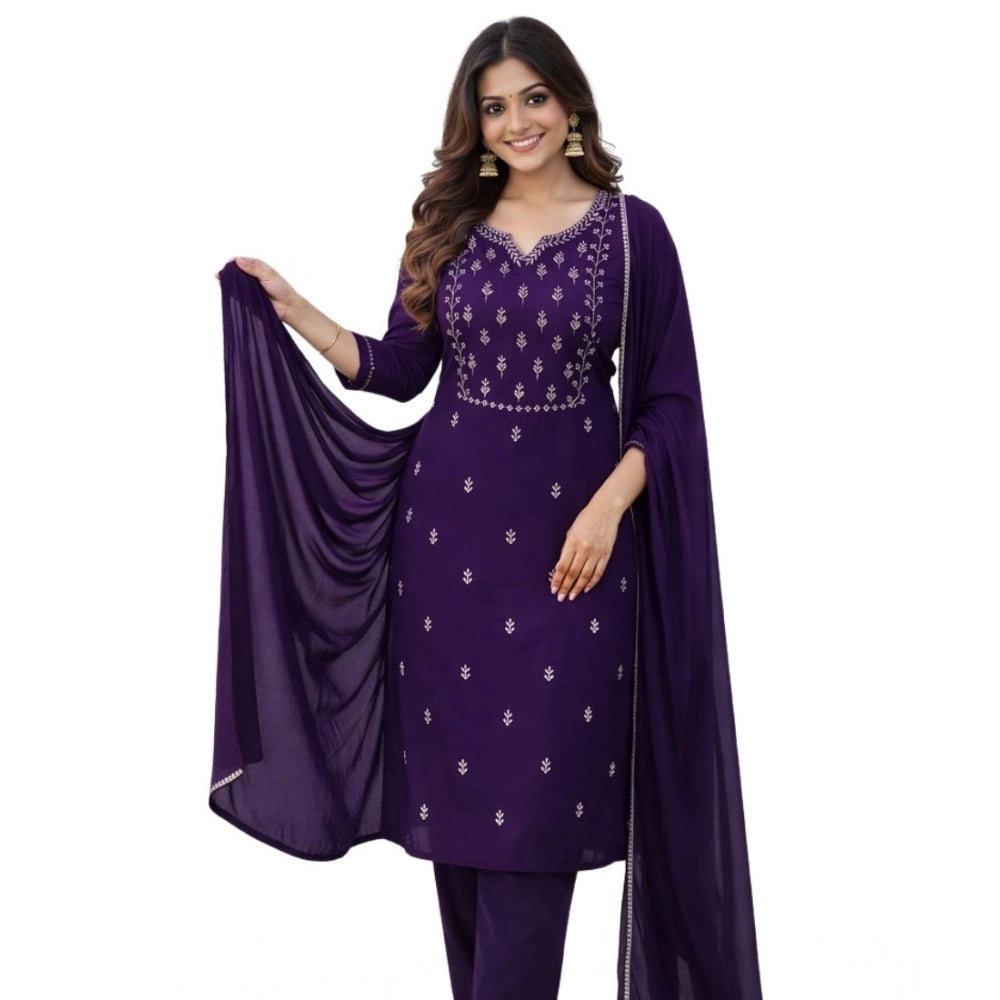 Snuggle Spot Women's Georgette Ethnic Motif Round 3/4th Sleeve Kurti With Pant Dupatta Set (Purple)