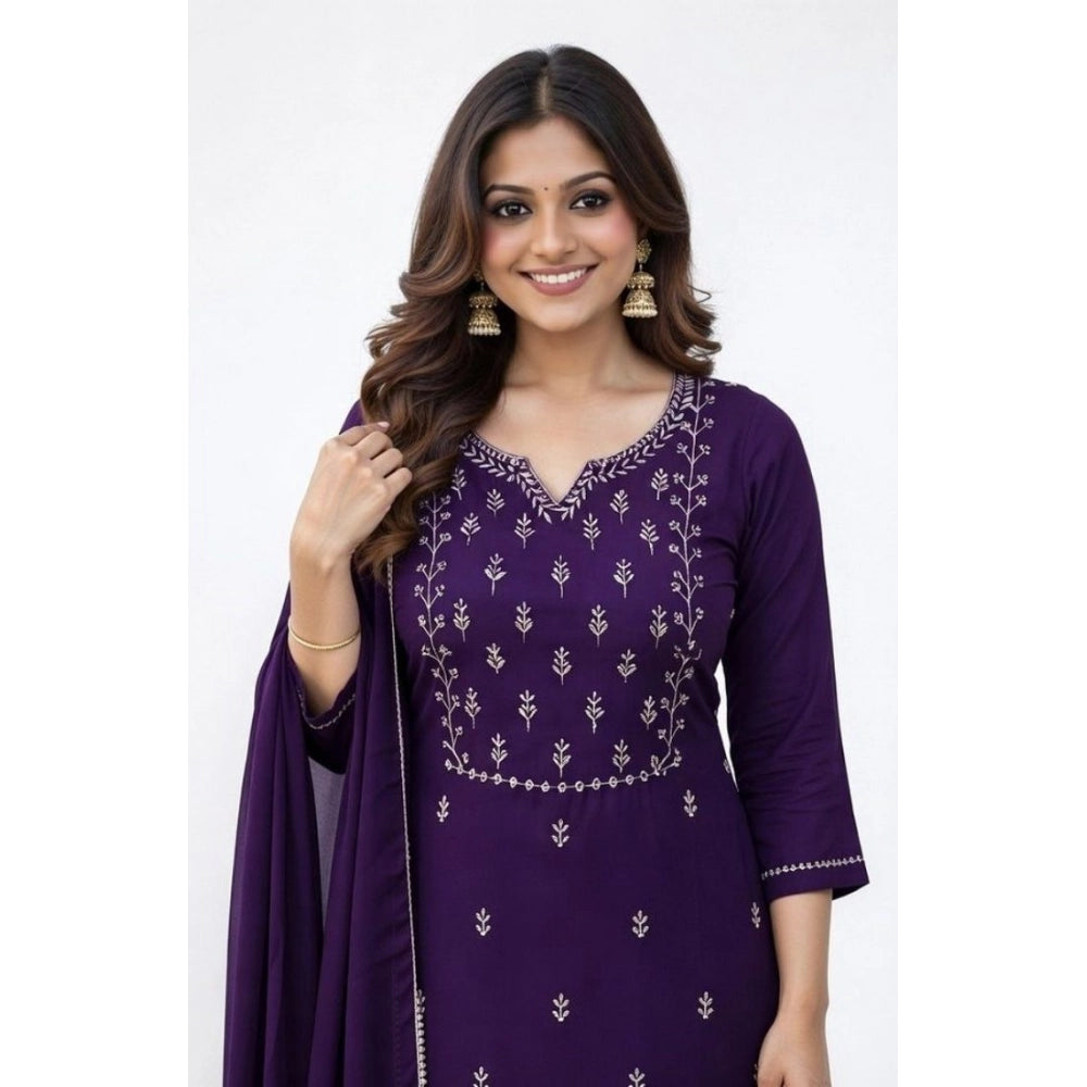 Snuggle Spot Women's Georgette Ethnic Motif Round 3/4th Sleeve Kurti With Pant Dupatta Set (Purple)