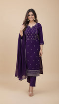 Snuggle Spot Women's Georgette Ethnic Motif Round 3/4th Sleeve Kurti With Pant Dupatta Set (Purple)