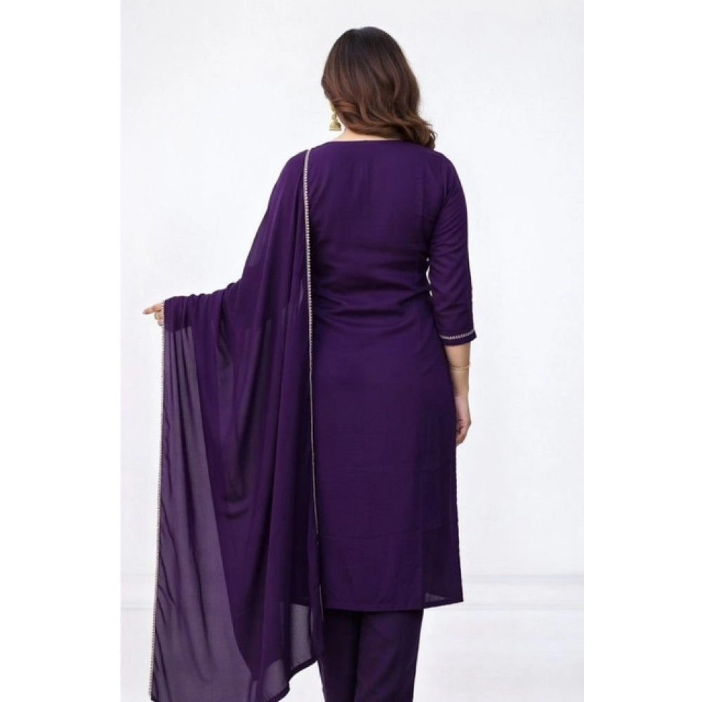 Snuggle Spot Women's Georgette Ethnic Motif Round 3/4th Sleeve Kurti With Pant Dupatta Set (Purple)