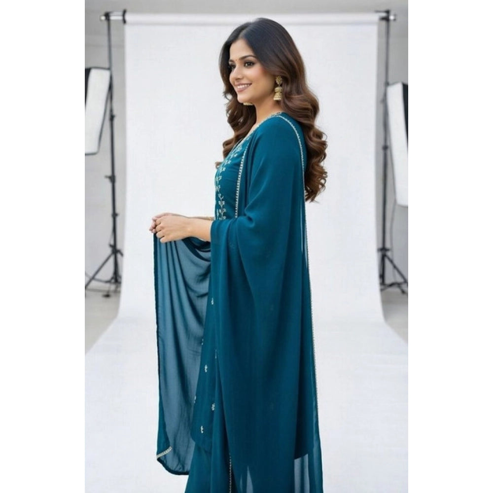 Snuggle Spot Women's Georgette Ethnic Motif Round 3/4th Sleeve Kurti With Pant Dupatta Set (Teal)