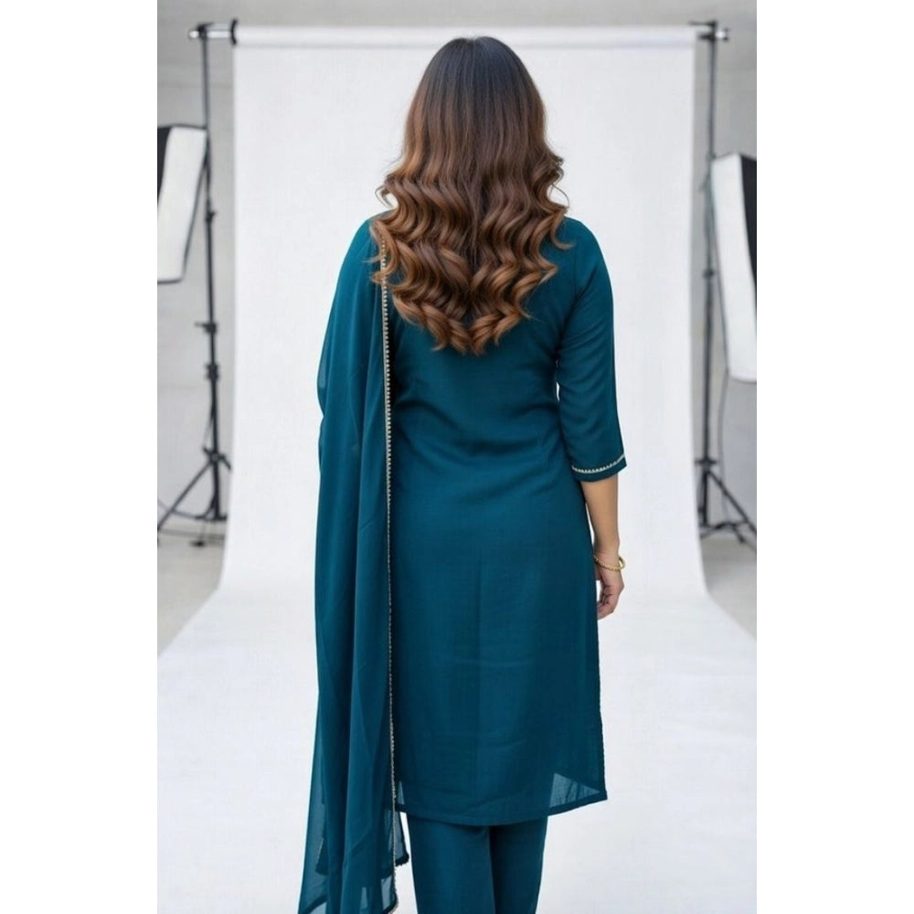 Snuggle Spot Women's Georgette Ethnic Motif Round 3/4th Sleeve Kurti With Pant Dupatta Set (Teal)