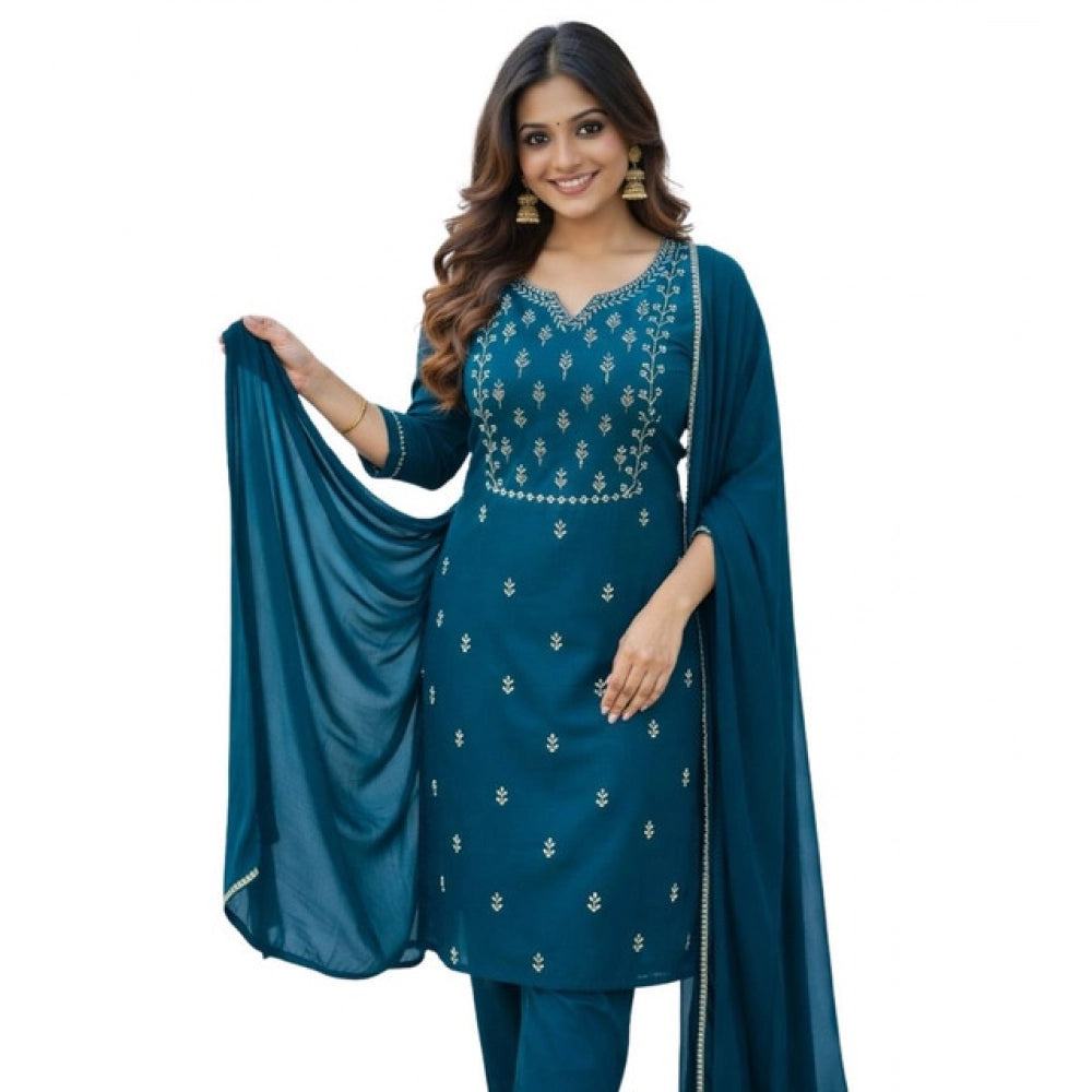 Snuggle Spot Women's Georgette Ethnic Motif Round 3/4th Sleeve Kurti With Pant Dupatta Set (Teal)