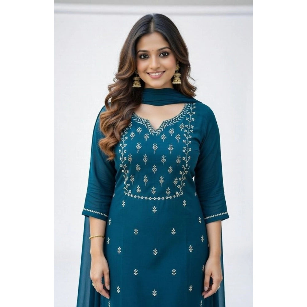 Snuggle Spot Women's Georgette Ethnic Motif Round 3/4th Sleeve Kurti With Pant Dupatta Set (Teal)