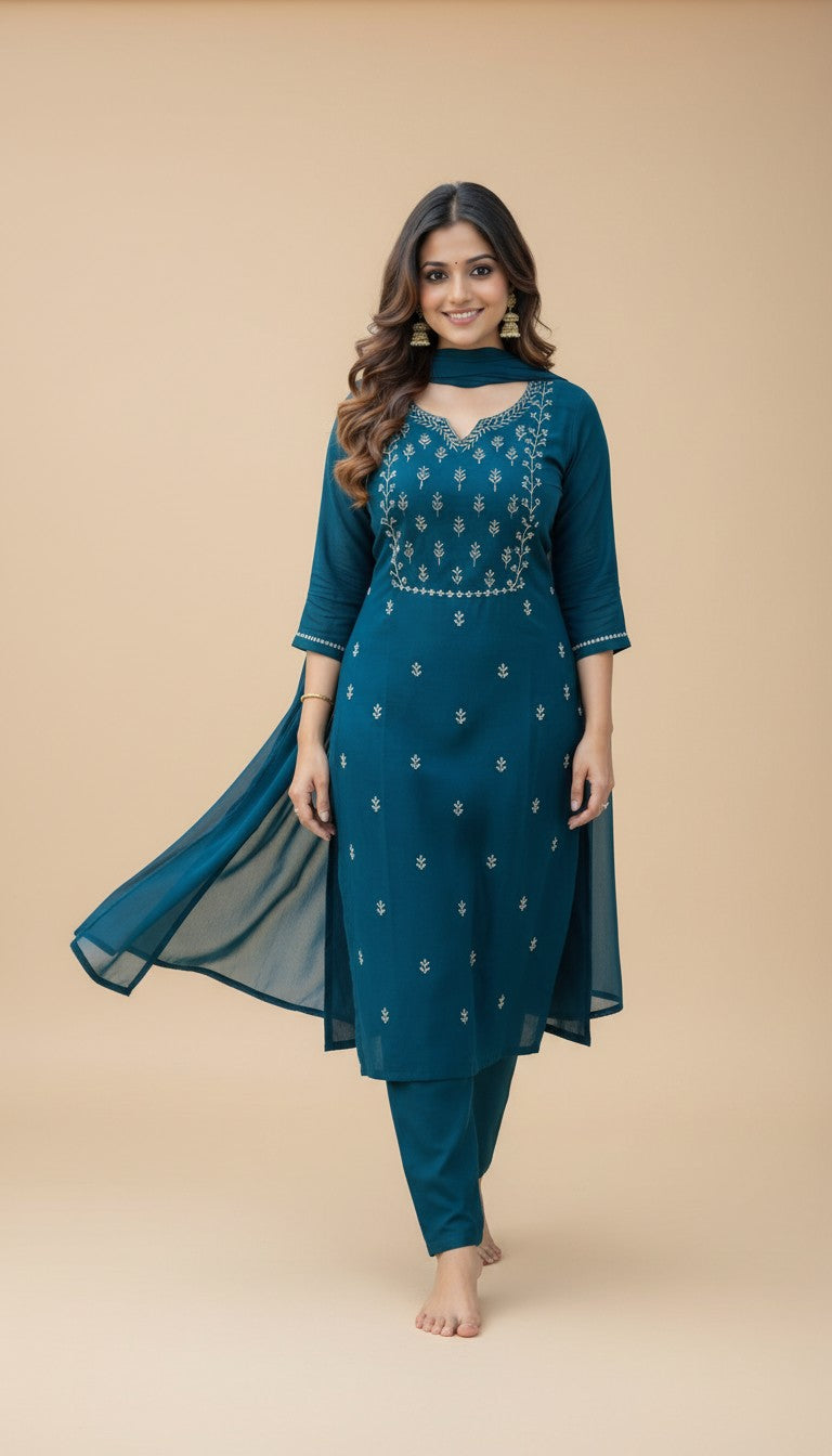 Snuggle Spot Women's Georgette Ethnic Motif Round 3/4th Sleeve Kurti With Pant Dupatta Set (Teal)