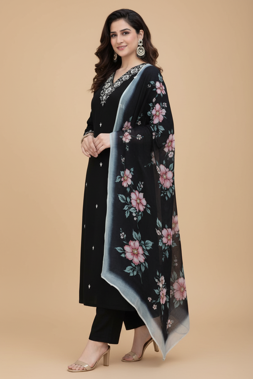 Snuggle Spot Women's Chanderi Silk Ethnic Motif V-Neck 3/4th Sleeve Kurti With Pant Dupatta Set (Black)