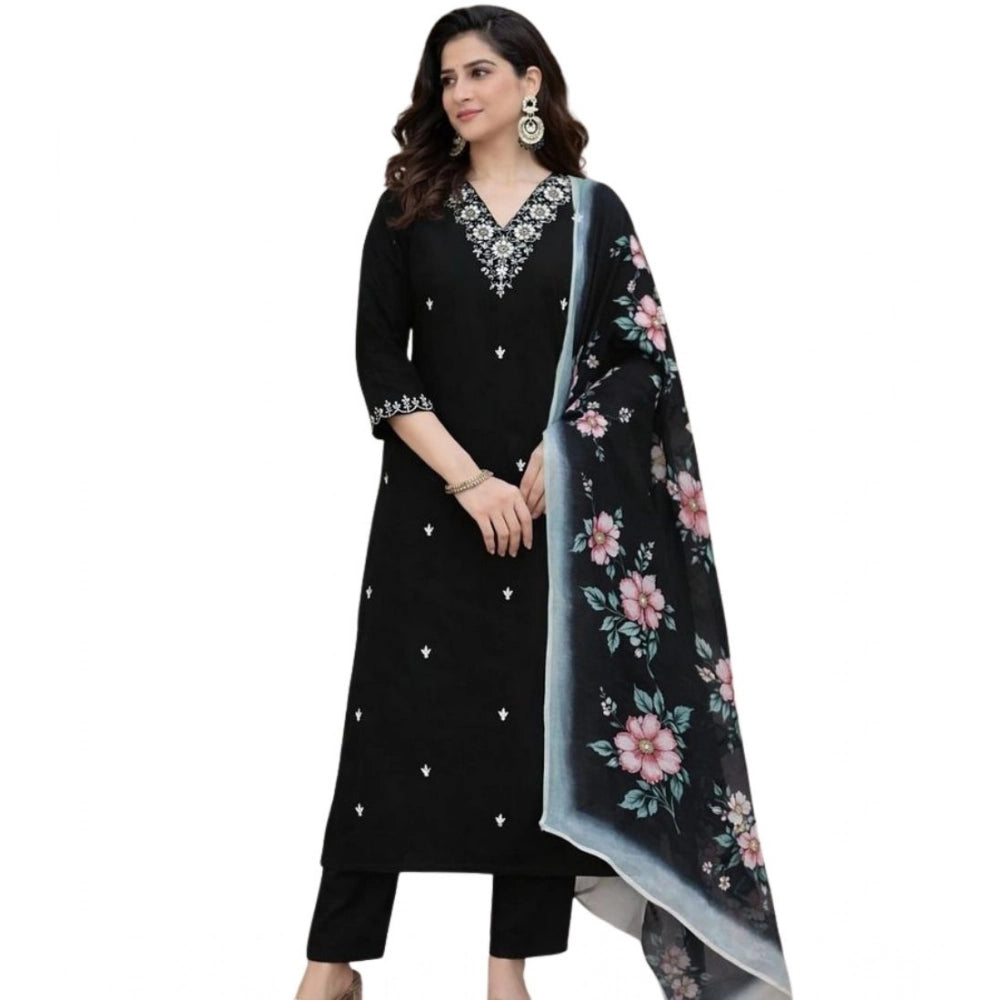 Snuggle Spot Women's Chanderi Silk Ethnic Motif V-Neck 3/4th Sleeve Kurti With Pant Dupatta Set (Black)