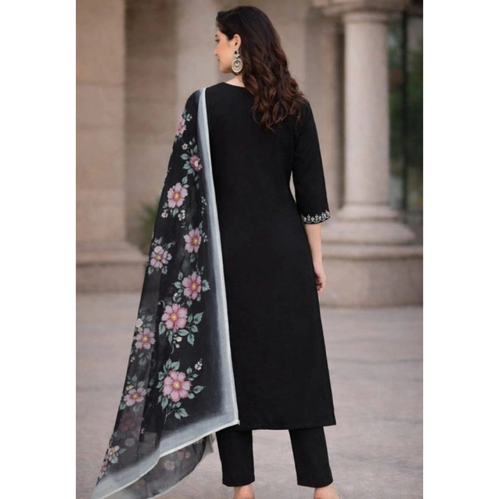 Snuggle Spot Women's Chanderi Silk Ethnic Motif V-Neck 3/4th Sleeve Kurti With Pant Dupatta Set (Black)