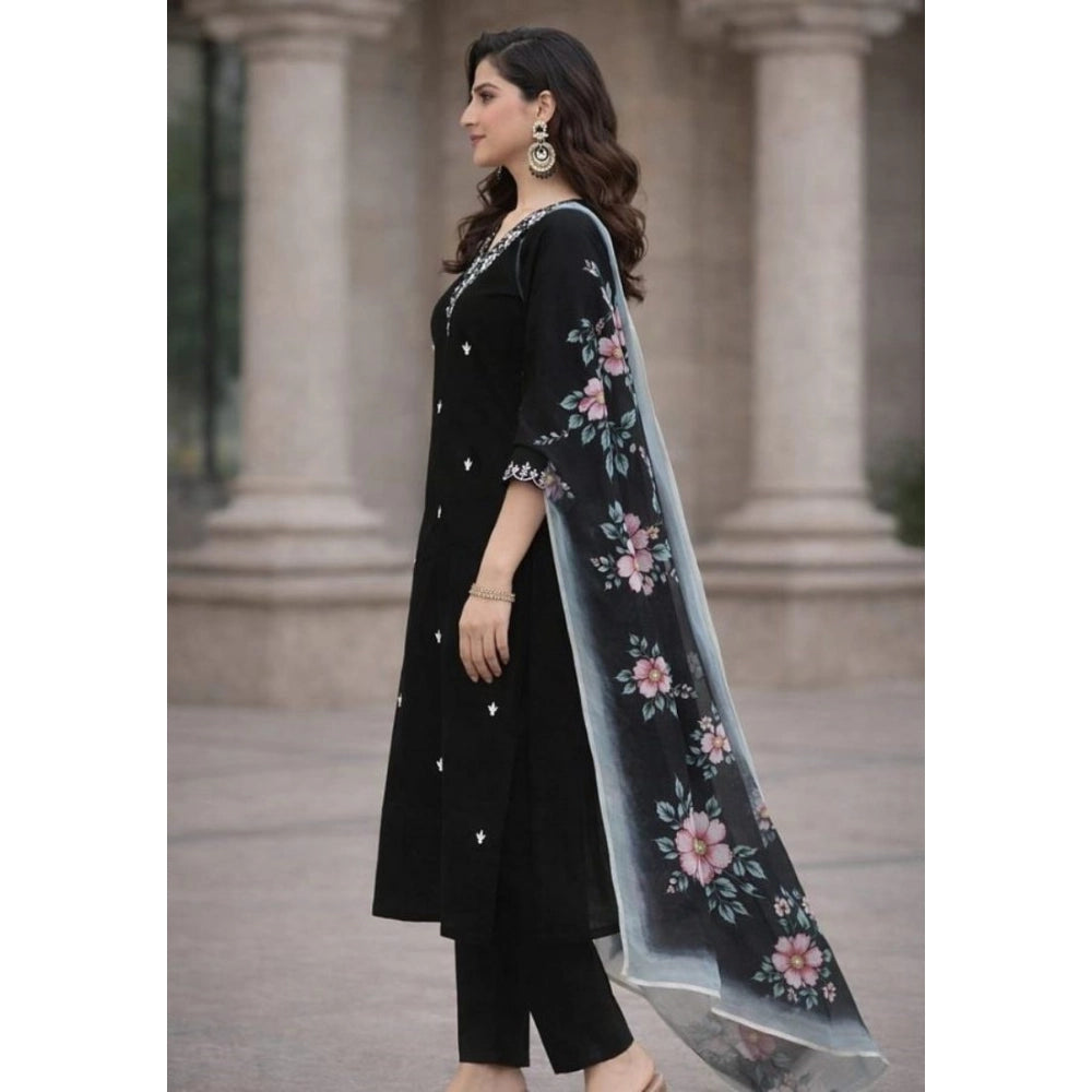 Snuggle Spot Women's Chanderi Silk Ethnic Motif V-Neck 3/4th Sleeve Kurti With Pant Dupatta Set (Black)