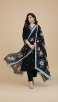 Snuggle Spot Women's Chanderi Silk Ethnic Motif V-Neck 3/4th Sleeve Kurti With Pant Dupatta Set (Black)
